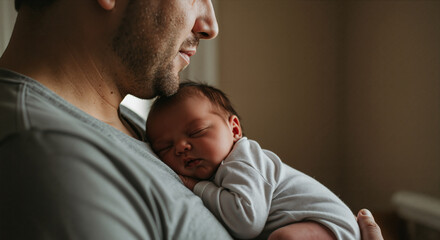 Obraz premium A tender Father holding baby close to his chest, a heartwarming photo capturing delicate Family relationships and newborn care.