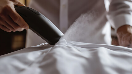 Steaming Wrinkles Away: A handheld steamer in action, smoothing out creases on a crisp white shirt. Garment care meets convenience.