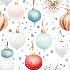 Retro christmas ornaments pattern with festive pastel bulbs and stars on white background