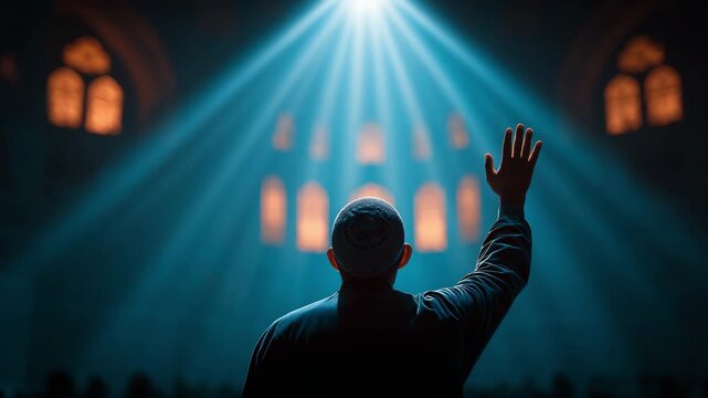 A man praying with his hand up, and a mosque in the backdrop