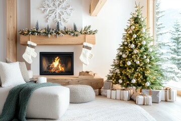 Cozy rustic christmas living room with stone fireplace and decorated tree
