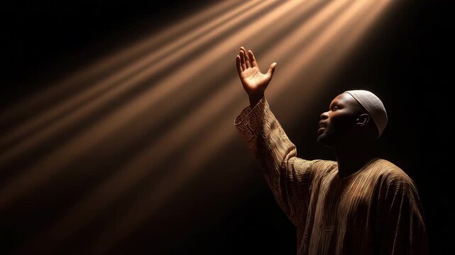 A man praying with his hand up, and a mosque in the backdrop