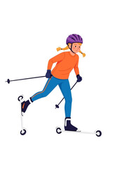 Obraz premium Young girl skiing on roller skis wearing helmet and orange jacket 