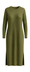 Olive green ribbed knit lounge dress with side slits and crew neck.