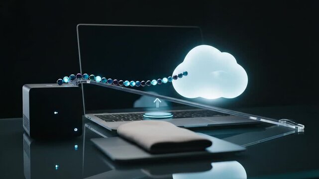 Digital Transformation - Cloud Migration: Edge server and cloud orb share a ramp of data beads that climb, then fade to a steady standby above a bezel-less laptop.