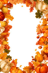 Autumnal frame featuring vibrant pumpkins, leaves, corn, and gourds against a white background. Perfect for fall designs.