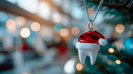 Close-up of a tooth-shaped Christmas ornament wearing a Santa hat on a decorated tree, symbolizing dental care and festive spirit