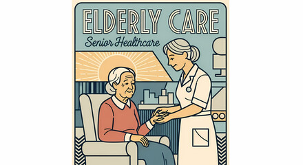 Illustration of a compassionate caregiver providing support and healthcare assistance to an elderly woman, symbolizing dedicated senior welfare and well-being services