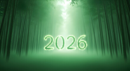 Illuminated year 2026 emerges from a mystical green haze surrounded by abstract vertical streaks of light