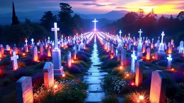 A graveyard illuminated by glowing crosses at dusk with a pathway leading towards a prominent cross