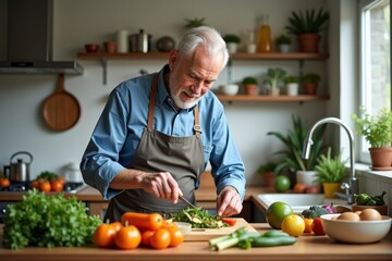 Senior Citizen Cooking Nutritious Meal in Kitchen: Emphasizing Wellness and Health with Fresh Ingredients