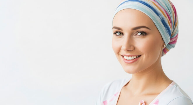 A young woman with cancer wearing a headscarf smiles