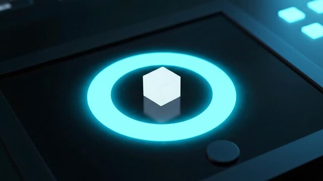 Digital Transformation - MLOps Drift Resolved: Turbulent monitor ring smooths on retrain tap; cube glows and a bead lifts.