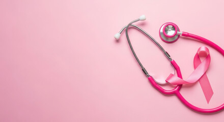 Fototapeta premium Pink Ribbon and Stethoscope for Breast Cancer Awareness and Health Care
