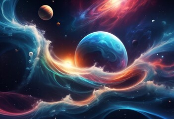 Science Fiction Deep Space Wallpaper with Vibrant Cosmic Backdrop of Galaxies, Planets, Ocean Waves, and Night Sky Clouds