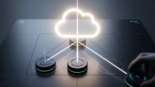 Digital Transformation - Cloud Migration: Three drive pucks align under a hovering cloud; uplift lines converge and the cloud brightens calmly.