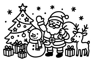 Naklejka premium Festive christmas scene with santa claus, snowman, tree, and reindeer in black and white