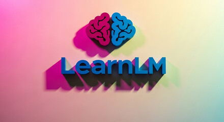 LearnLM: 3D Text and Brain Logo on Gradient Background, Vivid Shadows