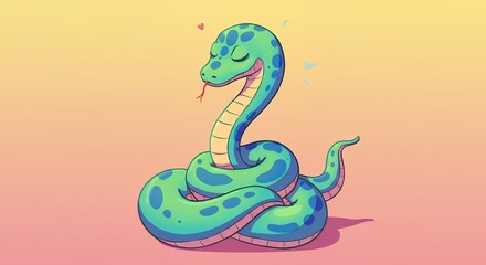 Fototapeta premium Cartoon snake illustration green and blue isolated on gradient background peaceful reptile