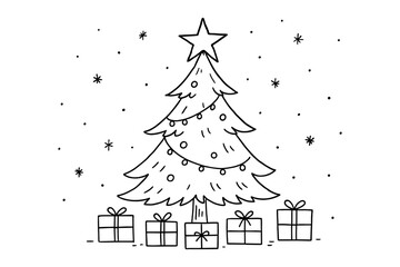 Fototapeta premium Simple linear christmas tree with gifts and stars in monochrome holiday design