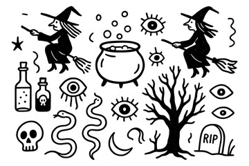Halloween witch doodles: cauldron, broomstick, spooky tree, and magic symbols