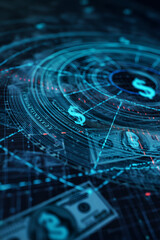 Digital currency concept with holographic elements and dollar bills, symbolizing fintech and modern financial technologies.