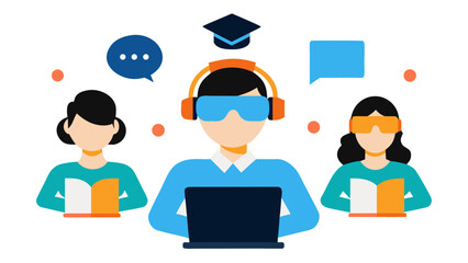 People learning with VR headsets and laptop on white background