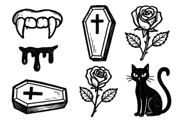 Halloween gothic elements: fangs, coffins, roses, and cat in sketch style
