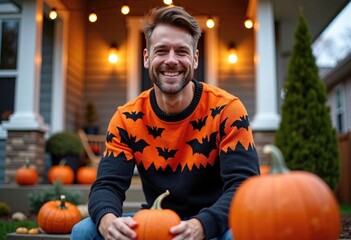 Young man decorating his home porch for Halloween with pumpkins and string lights, smiling in a festive orange and black sweater with bat patterns. Ideal for ads, lifestyle blogs, seasonal promotions.