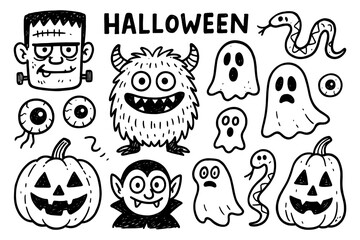 Spooky halloween doodle set: monsters, ghosts, pumpkins, and more