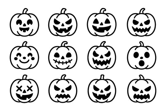 Halloween pumpkin faces: spooky monochrome jack o' lantern expressions for fall decor