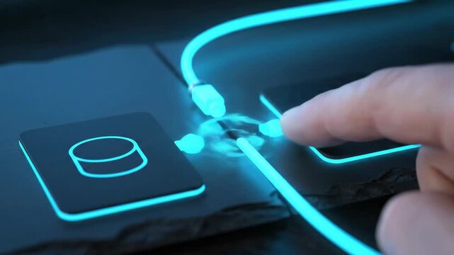 Digital Transformation - API-First Integration: Magnetic cable snaps between database and webhook; a light pulse runs the curve and rests.