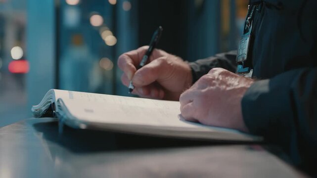 Medium shot capturing a security guard manually signing a visitor logbook at the entrance of a facility during peak hours