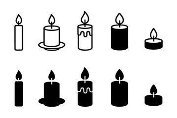 Fototapeta premium Linear and solid candle icon set with different shapes and styles