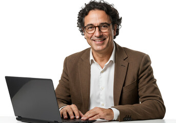 Smiling man in glasses working on a laptop isolated on transparent background