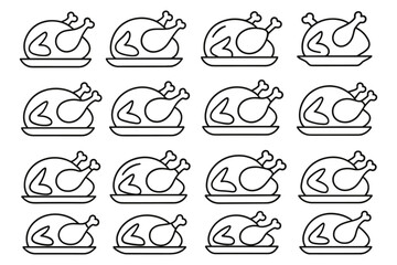 Obraz premium Seamless pattern of roast chicken outlines on plates in linear style