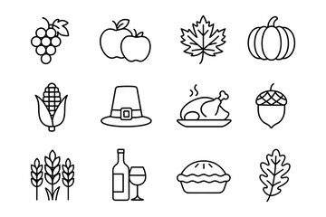 Autumn harvest icons: thanksgiving themed line art collection