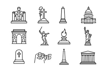 Outline icons of famous monuments and memorials with historic significance