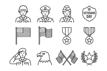 Veterans day celebration icons set featuring military personnel and symbols in linear style