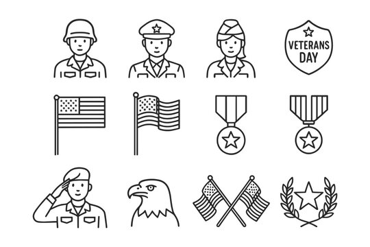 Veterans day celebration icons set featuring military personnel and symbols in linear style