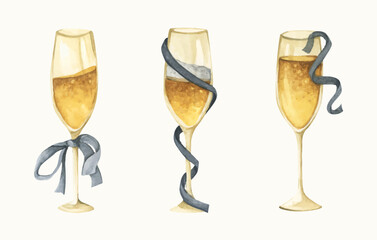 Hand Drawn Romantic Champagne, Wine Glass. Elegant Party Toast for Wedding and Anniversary. Watercolor illustration.