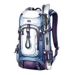Naklejka premium Watercolor Backpack with Ski Poles and Skis in a Winter Blue Theme