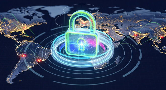 Luminous Holographic Padlock Securing Global Data Networks Over a World Map at Night - Powered by Adobe
