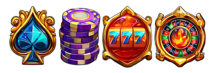 Colorful Casino Icons with Poker Chips, Slot Machine, and Roulette Wheel