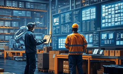 Smart Factory:  Technicians Monitoring Automation and Data - Powered by Adobe