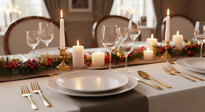 Elegant Table Setting with Candles and Garland in Warm Ambient Light