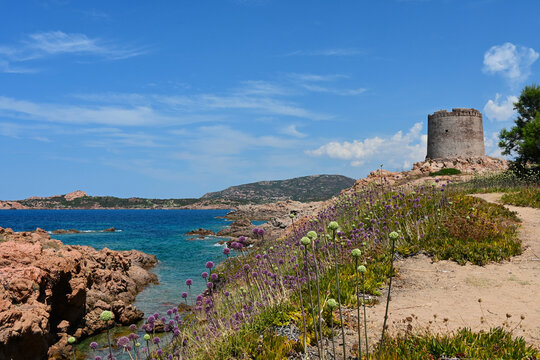 Spanish tower (italian: Torre Spagnola).Historic defensive watchtower from the 17th century, one of the symbols of Isola Rossa - often visited by tourists as a viewpoint. Isola Rossa, Sardinia, Italy.
