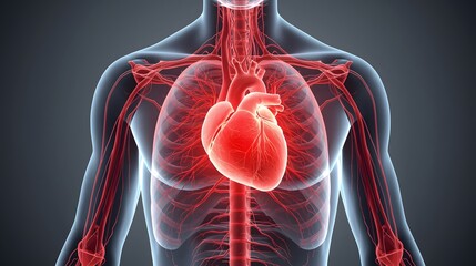 Human heart anatomy with circulatory system and blood vessels on dark background