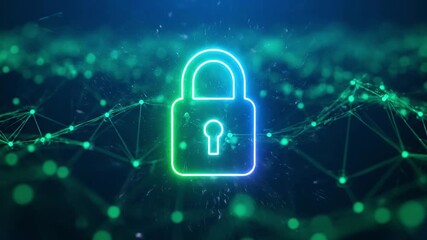 This vibrant digital animation features a prominent, glowing neon padlock symbol against a dark, technologically inspired background. Interconnected green nodes and lines form a dynamic network patter - Powered by Adobe