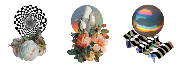 Retro Cutout Collage with Floral Elements and Geometric Patterns